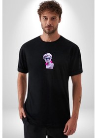 Resim Kulaklık Gözlük Pop Art Heykel Siyah Oversize Unisex Ön Orta Minimal Baskılı Tişört Siyah 