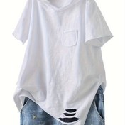 Resim Kadınlar için Rahat Kapüşonlu T-Shirt - Bol Kesim, Kısa Kollu, Düz Renkli Sanatsal Hasarlı Tasarım, Yaz Üstü, Kanguru Cebi, Çok Yönlü Katman Parçası, Tüm Mevsim Üstü|Kanguru Cebi Üstü|Parlak Dokulu 