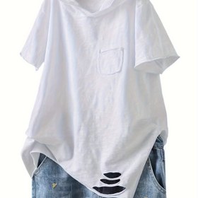 Resim Kadınlar için Rahat Kapüşonlu T-Shirt - Bol Kesim, Kısa Kollu, Düz Renkli Sanatsal Hasarlı Tasarım, Yaz Üstü, Kanguru Cebi, Çok Yönlü Katman Parçası, Tüm Mevsim Üstü|Kanguru Cebi Üstü|Parlak Dokulu 