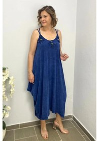 Resim Mia Butik Büyük Beden Lacivert Pamuklu Şalvar Kesim Çiçekli Elbise Lacivert 