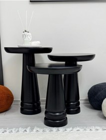 Resim AYLESA Doğal Ahşap 3’lü Set Mantar Yan Sehpa Modern Siyah Renk Fiskos Zigon Çiçeklik 