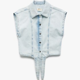 Resim Kız Çocuk Düğme Kapamalı Bağlama Detaylı Pamuklu Crop Denim Gömlek 