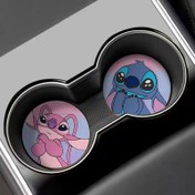 Resim Disney 2 Adet Stitch ve Melek Karakterli Araba Bardak Altlıkları, Kaymaz Yalıtımlı İçecek Matları, Merkezi Konsol Depolama Yuvası için Dayanıklı PU Deri İçecek Altlığı, Otomotiv İç Aksesuarlar 