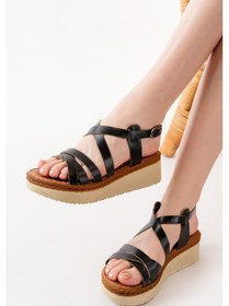 Resim 730-153 Siyah Ortopedik Hakiki Deri Dolgu Kadın Sandalet Altın - Taba 