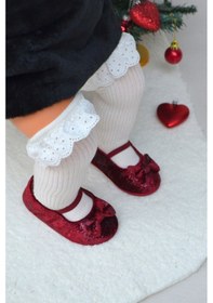 Resim Bordo Parıltılı Kadife Kız Bebek Lastikli İlk Adım Babet-f-541 Bordo 