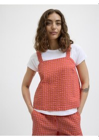 Resim Jack & Jones Kadın Kalin Askili Ekose Desenli Bluz - Petra - 12277417 Persimmon Orange 