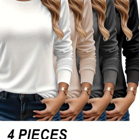 Resim 4 adet Kadın Rahat Uzun Kollu T-Shirt - Sonbahar/Kış için Yumuşak Yuvarlak Yaka Düz Renk Üstler, Beyaz, Bej, Gri ve Siyah Renklerde Çok Yönlü Katman Temelleri, Rahat Günlük Temel Tişörtler, Kış Giyim | Yuvarlak Yaka Tişört | Pürüzsüz Dokulu 