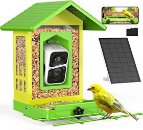 Resim BirdSnap APS Kameralı Güneş Panelli Metal Kuş Yemliği 2K HD Sarı Yeşil 