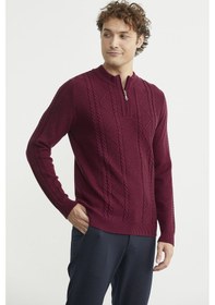 Resim Yarım Fermuarlı Dik Yaka Triko Kazak - Bordo Bordo 