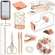 Resim Gül Altın Akrilik Masaüstü Düzenleyici Seti - Zımba, Zımba Teli Sökücü, Bant Tutucusu, Kalem ve Makas, Dosyalama, Zımba Teli, Telefon Standı, Cetvel, Şeffaf Yapıştırıcı ve Notlar Dahil - Manuel Çalışma, PMMA Malzeme 