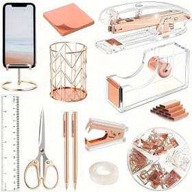 Resim Gül Altın Akrilik Masaüstü Düzenleyici Seti - Zımba, Zımba Teli Sökücü, Bant Tutucusu, Kalem ve Makas, Dosyalama, Zımba Teli, Telefon Standı, Cetvel, Şeffaf Yapıştırıcı ve Notlar Dahil - Manuel Çalışma, PMMA Malzeme 
