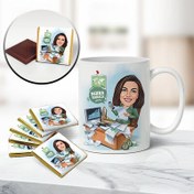 Resim Borsacı Kadın Karikatürlü Kupa ve Çikolata 