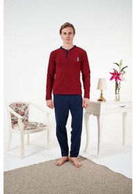 Resim Estiva Düz Renk Uzun Kol Polar Erkek Pijama Takım Bordo 