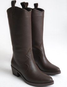 Resim Ayakkabı Delisiyim Kahverengi Deri Kadın Çizme Western Kovboy Diz Altı Kaymaz Taban Kalın Topuklu Cleo 