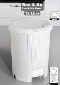 Resim Meleni Home 12 Litre Bas Aç Kapaklı Çöp Kovası - Click Kapak Pedallı Çöp Kovası Banyo Mutfak Çöp Kovası Beyaz 