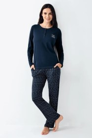 Resim Arnetta Make Me Happy Kadın Modal Pamuklu Rahat Uzun Kollu Pijama Takım lacivert 