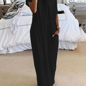 Resim Kadınlar için Yaz Tatili Maksi Elbise - Düz Renk, Polyester, Örgü Kumaş, Büyük Yuvarlak Yaka, Fit ve Flare Stili, Lastikli, Rahat ve Şık 