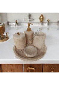 Resim Sarı Traverten Klasik Model 5 Parça Mat Gold Renk Düğme Aksesuarlı Banyo Seti Sarı Traverten 