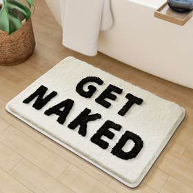 Resim 1 adet Dajiang Peluş Banyo Matı - Siyah ve Beyaz "GET NAKED" Tasarımı, Kaymaz Emici Polyester Zemin Matı, Banyo, Tuvalet ve Ev Dekoru için, Makinede Yıkanabilir, Dikdörtgen Şekil, Banyo Matı, Banyo Aksesuarı 