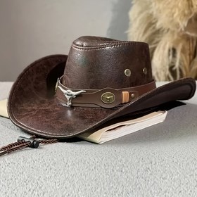 Resim Boğa Başlı Tokalı ve Metal Perçinli Batı Kovboy Şapkası - Geniş Kenarlı Hafif Caz Şapka, Erkek & Kadın için İlkbahar Yaz Sonbahar Dış Mekan Etkinlikleri, At Yarışı, Günlük Kullanım, Kovboy Aksesuarları, Zarif Rustik Tarz, Dekoratif Metal İşlemeli, Şık Dikiş Detaylı 