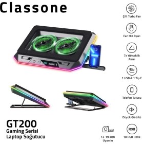 Resim Braventa Collection Classone Gaming GT200 Laptop Soğutucu Notebook Stand, 3000 Rpm,10 Rgb Işık Kontrolü, 15.6-17 Inch, H 