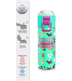 Resim Coral High Kids Su Yeşili Neon Pembe Köpek Desenli Pipetli Ve Direkt İçim Çelik Termos 500 Ml 31913 Yeşil - Beyaz 
