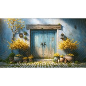 Resim Venspor Rustik Mavi Kapı ve Sarı Çiçeklerle Süslü Bahçe Temalı Arkaplan 200 x 150 cm Fon Duvar Örtüsü 