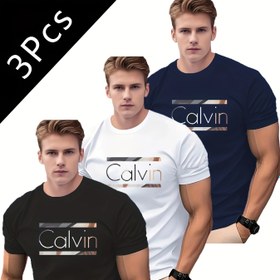 Resim 3 adet Erkek Rahat Yaz T-Shirt - Nefes Alabilen Örgü, Kısa Kollu, Yuvarlak Yaka, Düz Renk ile "Calvin" Baskısı, Hafif ve Rahat, Açık Hava Aktiviteleri, Rahat Giyim ve Rahat Giyim için 
