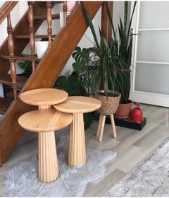 Resim ASELYA HOME Wooden 3’lü Set Fitilli Mantar Yan Sehpa Modern 