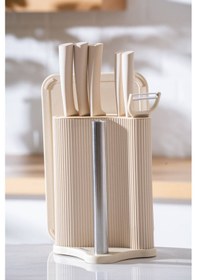 Resim Acar Cooper 8 Parça Standlı Kesme Tahtası Ve Bıçak Seti Krem 