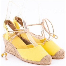 Resim Gerçek Elişi Bilekten Bağcıklı Topuğu Açık Dolgu Topuk Sarı Keten Hasır Espadril Handmade Sarı 