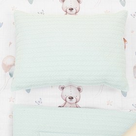 Resim Alt Açma Matı ve Yastık - Çift Taraflı - Dijital Baskı Muslin - Turkuaz Örgü - Sevimli Ayıcıklar 