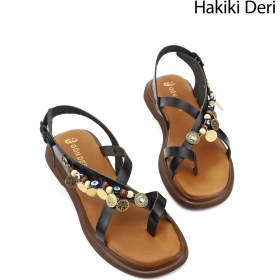 Resim Gönderi(r) Kadın Siyah Boncuklu Parmak Arası Hakiki Deri Sandalet 