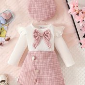 Resim Rahat Tarz Sonbahar ve Kış Uzun Kollu Beyaz Üst Büyük Kurdele ile + Moda Düğmeli Etek Pantolon + Beret Şapka Seti Açık Hava Aktiviteleri için, Rahat Giyim için Mükemmel, Açık Hava için Mükemmel 