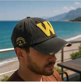 Resim Perlotus W Nakışlı Antrasit Sarı Unisex Şapka Yırtık Detaylı Ayarlanabilir Kep Siyah 