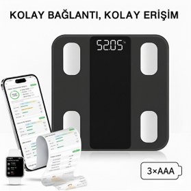Resim ModernEvAksesuar Bluetooth Akıllı Tartı – 4 Sensörlü Vücut Analiz Baskülü Temperli Cam 