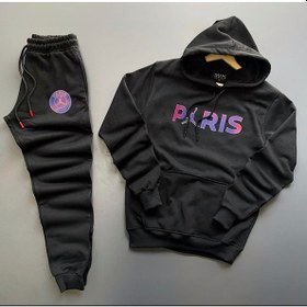 Resim New Cabin Yeni Sezon Unisex Paris Baskılı Gri Pamuklu Hoodie- Pamuklu Siyah Eşofman Altı Takım 2'li 