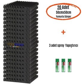 Resim Akustik Yumurta Sünger 60dns Yanmaz 50cmx50cm 40mm 20adet + 3 Sprey Yapıştırıcı 