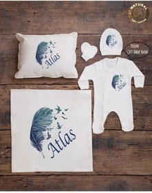 Resim yzc home size dair... E62 Bty Ekru Renk Isme Özel Isimli Baskılı Bebek Yastık Battaniye Tulum Şapka Eldiven Set 