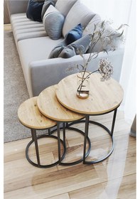 Resim 3' lü C Zigon Sehpa Siyah Ayak Atlantik Çam 18mm Sunta 