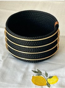 Resim Altın Yuvarlak Ekmek Sepeti Şık,örmeli Siyah Makrome-çok Amaçlı Metal Paslanmaz Çok Renkli 