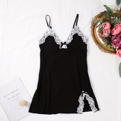 Resim Kadınlar İçin Seksi Yazlık Kısa Etekli Dantel Detaylı Dolgusuz Siyah Camisole Gecelik, Tanga Dahil Değil 
