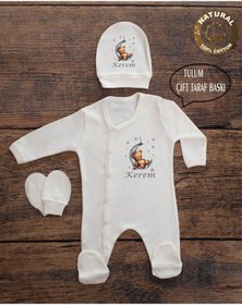 Resim yzc home size dair... E43 T Ekru Renk Isme Özel Isimli Baskılı Bebek Tulum Şapka Eldiven Set Hastane Çıkışı 