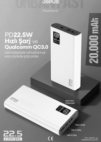 Resim Jopus 20000mAh PowerBank PD 22.5W Hızlı Şarj - Dijital Ekranlı - Taşınabilir Şarj Cihazı - Beyaz JP-P12 