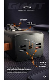 Resim Simex 50.000 Mah Prime Dijital Göstergeli Fener Hızlı Şarj Çoklu Kablo Powerbank,Taşınabilir Şarj Cihazı 