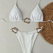 Resim 25SS Yaz Trendi Yeni Avrupa ve Amerikan Metal Dekor Bikini Tatil Yarı Açık Plaj Modası Bikini 