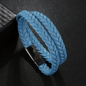 Resim 1 adet HUANMING Çoklu Daireli PU Deri Örgülü Bileklik, Basit Moda Erkek ve Kadın Çift Manyetik Tokalı Bileklik 