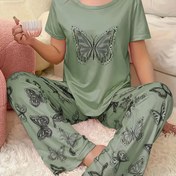 Resim 2 adet Kadın Kelebek Baskılı Pijama Takımı - Yumuşak Yeşil Polyester ile Çiçek ve Yaprak Detayları, Kısa Kollu, Yuvarlak Yaka, Rahatlık ve Uyku Giyimi için Mükemmel, Rahatlık Giyimi | Çiçek Baskılı Pijamalar | Polyester Kumaş 
