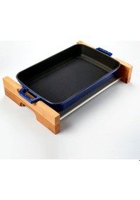 Resim Lava Döküm Dikdörtgen Rosto ve Fırın Tepsisi Kayın Servis Ahşabı Döküm Demir Yekpare Çift Kulplu Ölçü 26x40cm. - Mavi 