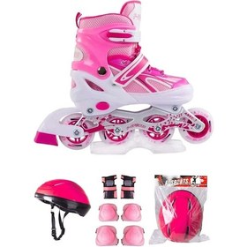 Resim Çift Sıra Kız Çocuk Pembe Çift Sıra Ayarlanabilir Alıştırma Pateni Kask Ve Dizlik Seti Pembe 30-33 Pembe 